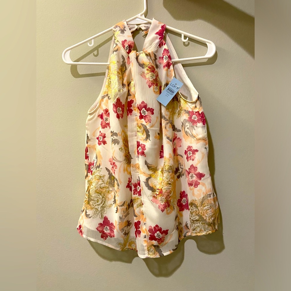 LOFT Petite Shimmer Floral Twist Halter Top- XXS Petite